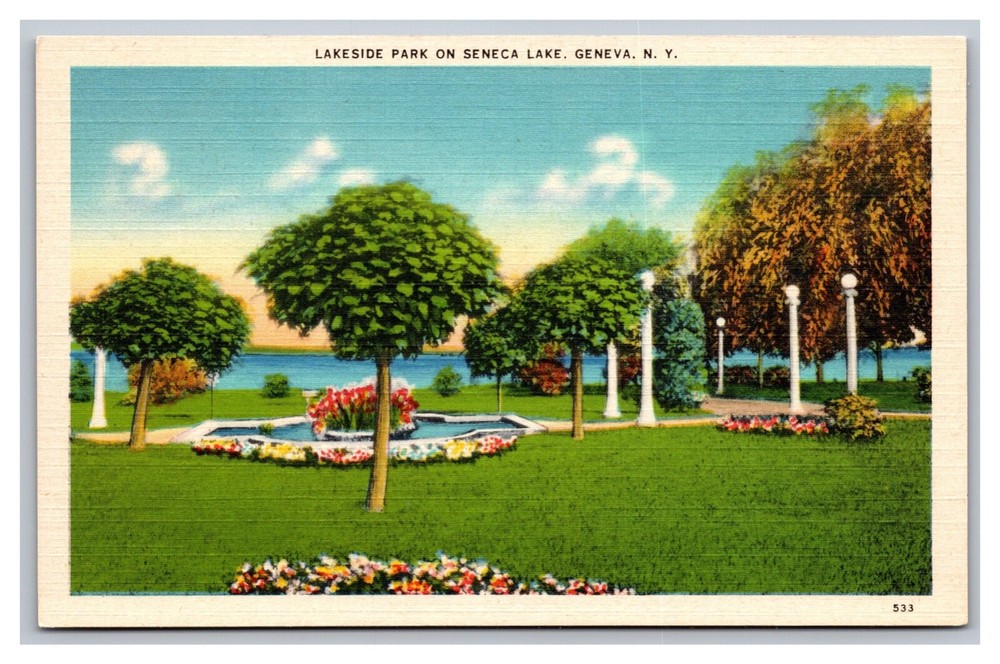 Geneva New York Seneca Lake Lakeside Park Landscape View Linen Unposted Postcard