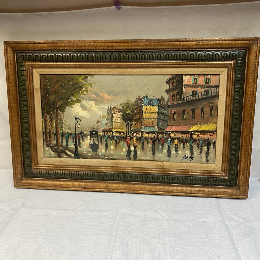 Vintage Signed Oil Painting Impressionist Street Scene Wood Frame 31x20” FLAW