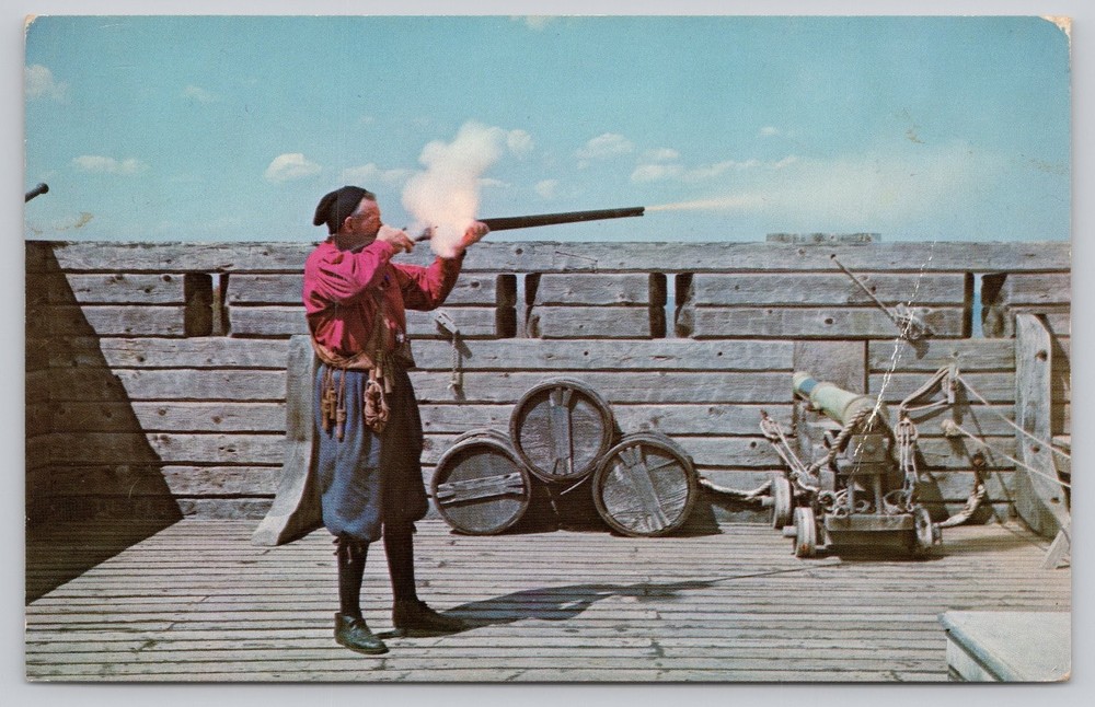 Plimoth Plantation Plymouth MA Guide Firing Musket 1627 Pilgrim Village Postcard