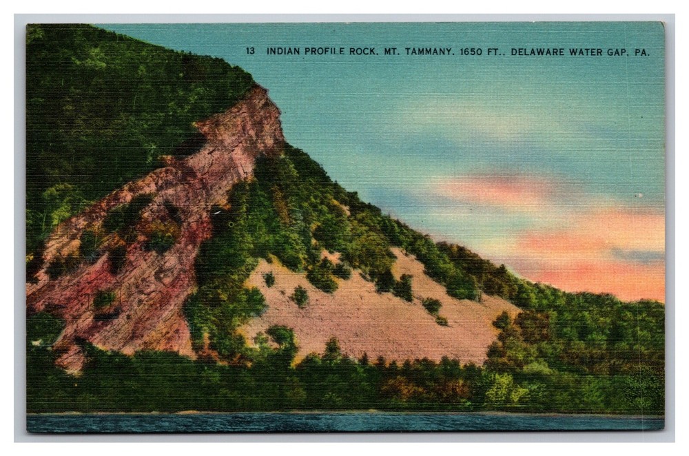 Delaware Water Gap PA Indian Profile Rock Mt. Tammany Unposted Linen Postcard