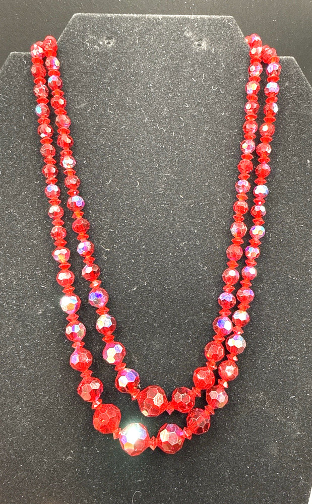 Vintage Ruby Red AB Crystal Bead Necklace Double Strand Silver Tone Clasp