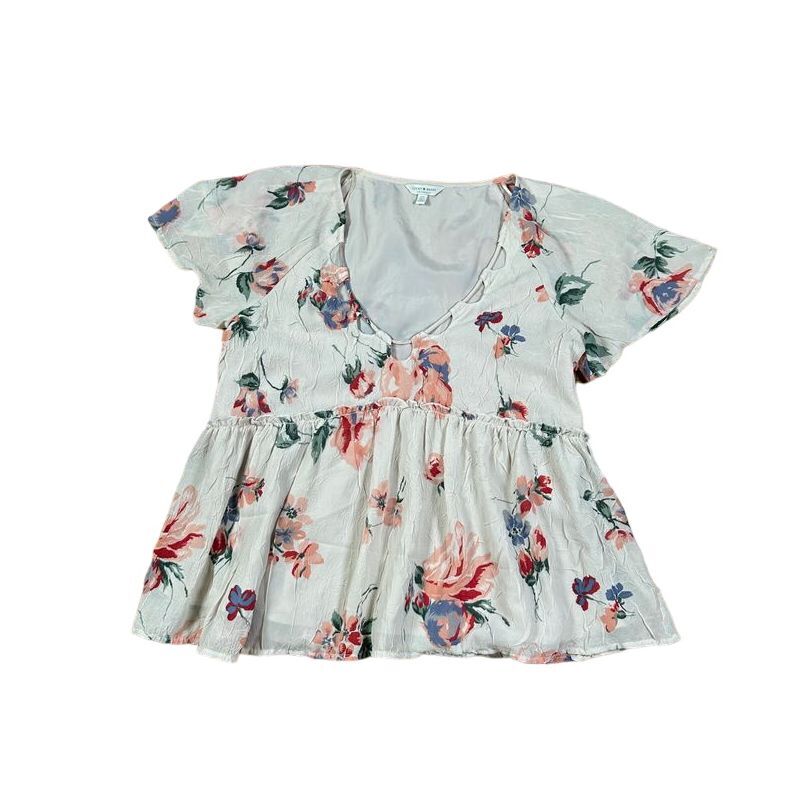 Lucky Brand Floral Babydoll Top Short Sleeve V-Neck Peplum Blouse S/P