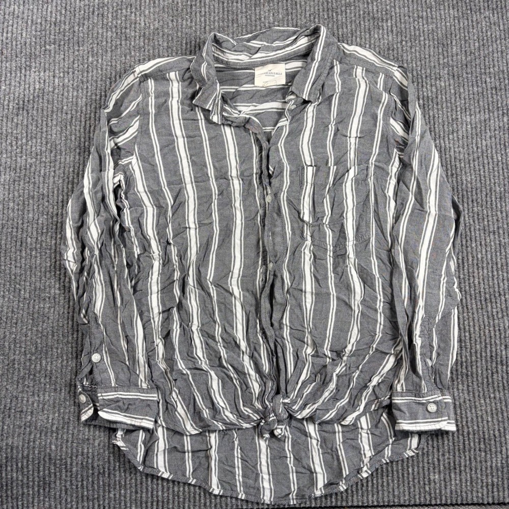 American Eagle Outfitters Shirt Womens S Gray White Striped Oversized Tie Front