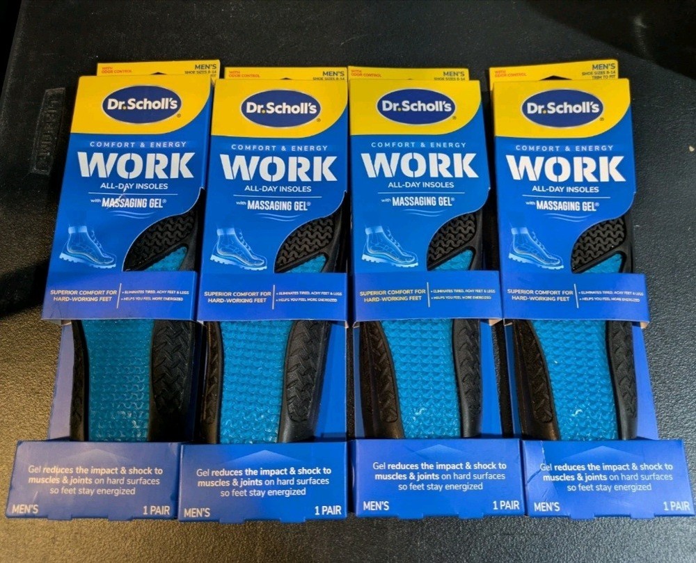 4x Dr. Scholls WORK Insoles Massaging Gel Mens Shoe Sizes 8-14 W/ Odor Control