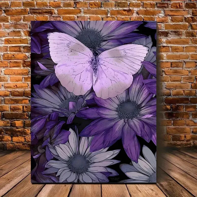 Vintage Butterfly Purple Flowers Canvas Wall Art Unframed or Framed