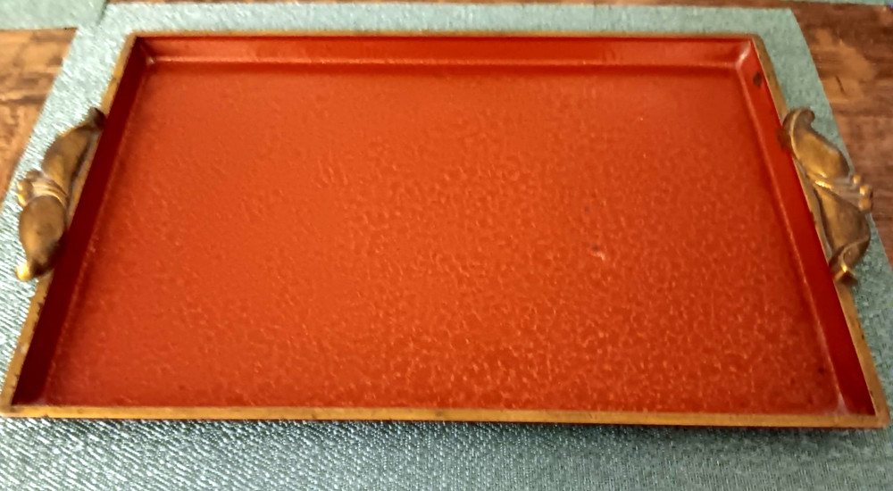 Vintage Moire Glaze Enameled Metal Orange Serving Tray -  Kyes?