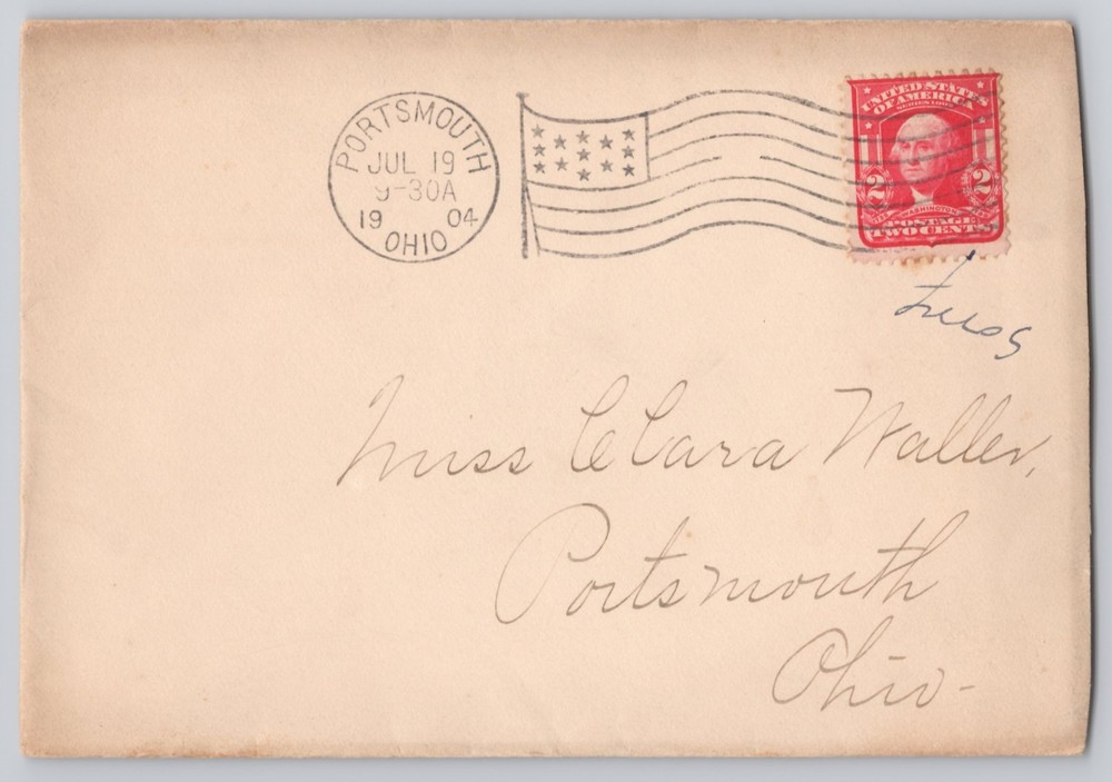 Portsmouth, Ohio, 2¢ Washington with flag cancel, Un, addressed