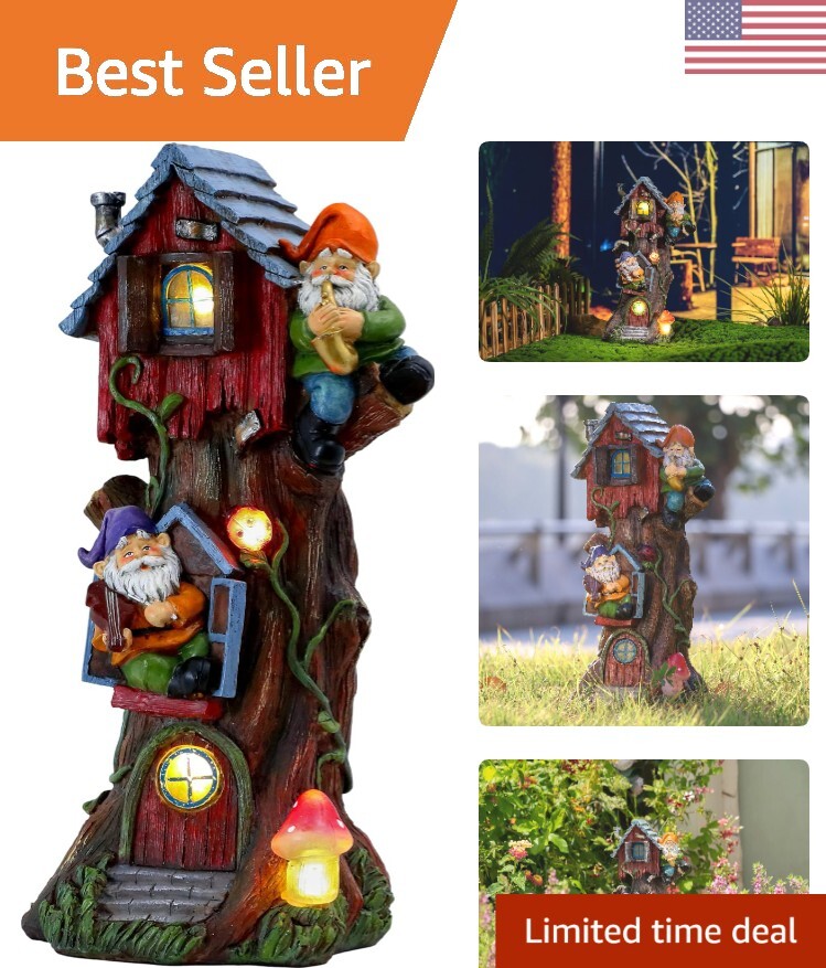 11-Inch Gnome Treehouse Garden Statue with Solar Light for Whimsical Outdoor Decor