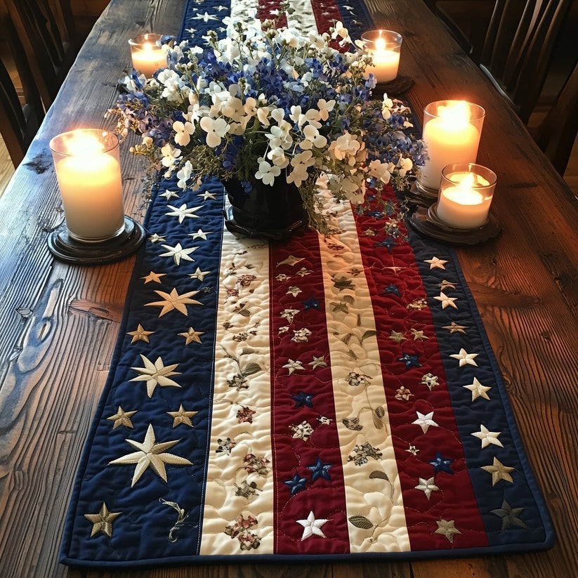Patriotic Stars Stripes Quilt Table Runner 4th of July Memorial Day Party Decor