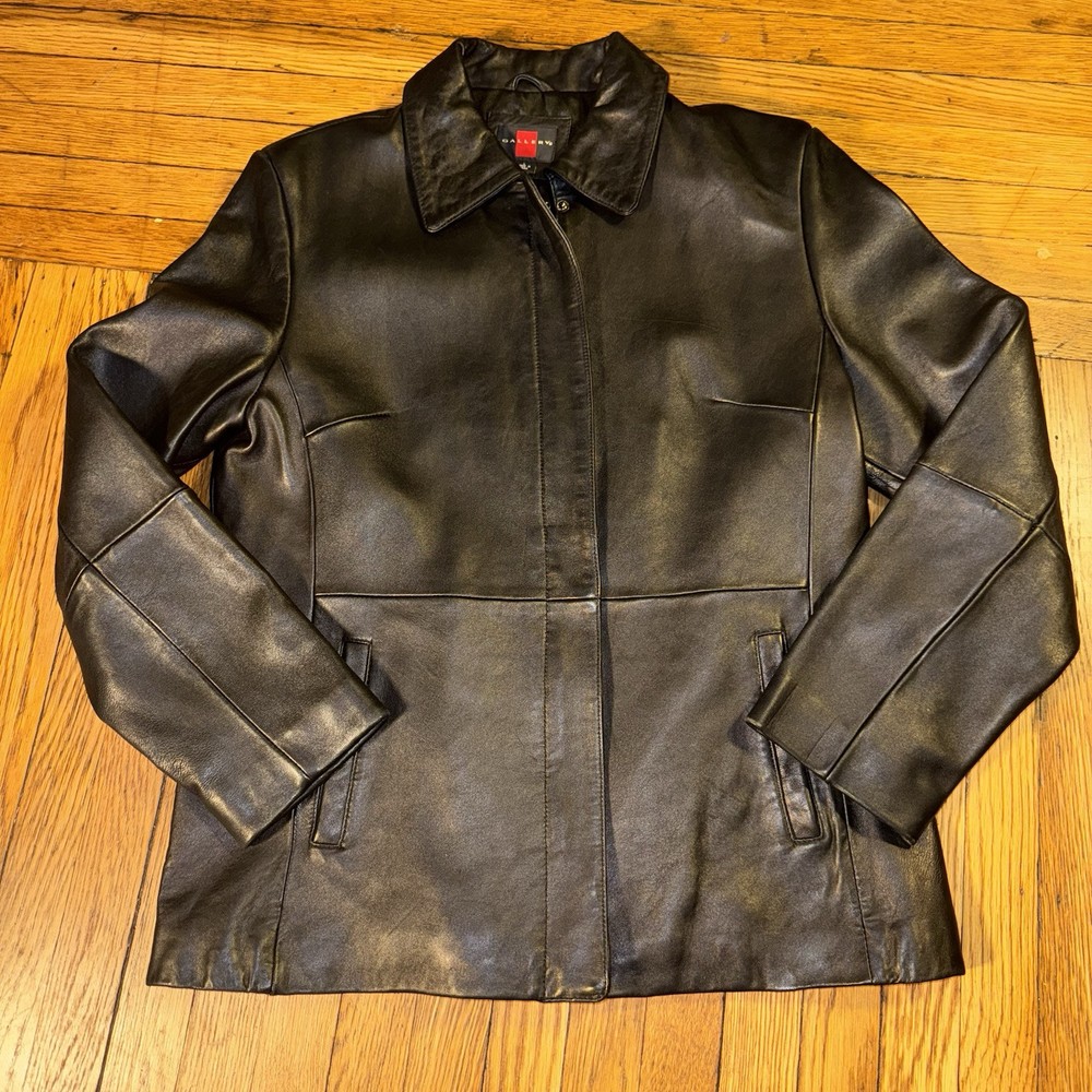Vtg Gallery Leather Jacket Black Larger Medium Length Coat Y2K Retro 90s Blazer