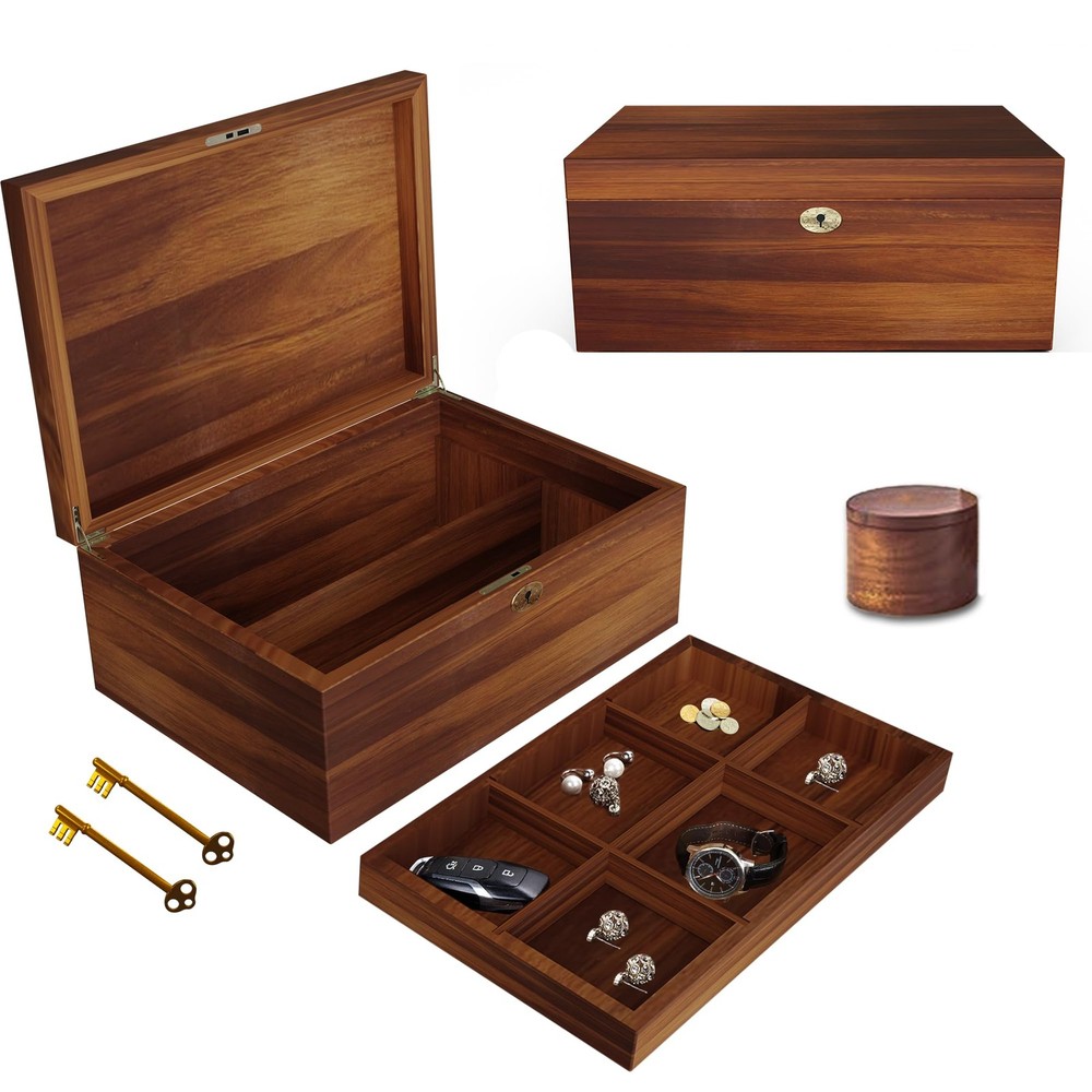 Acacia Wood Keepsake Box with Hinged Lid and Locking Key for Memories and Decor-image