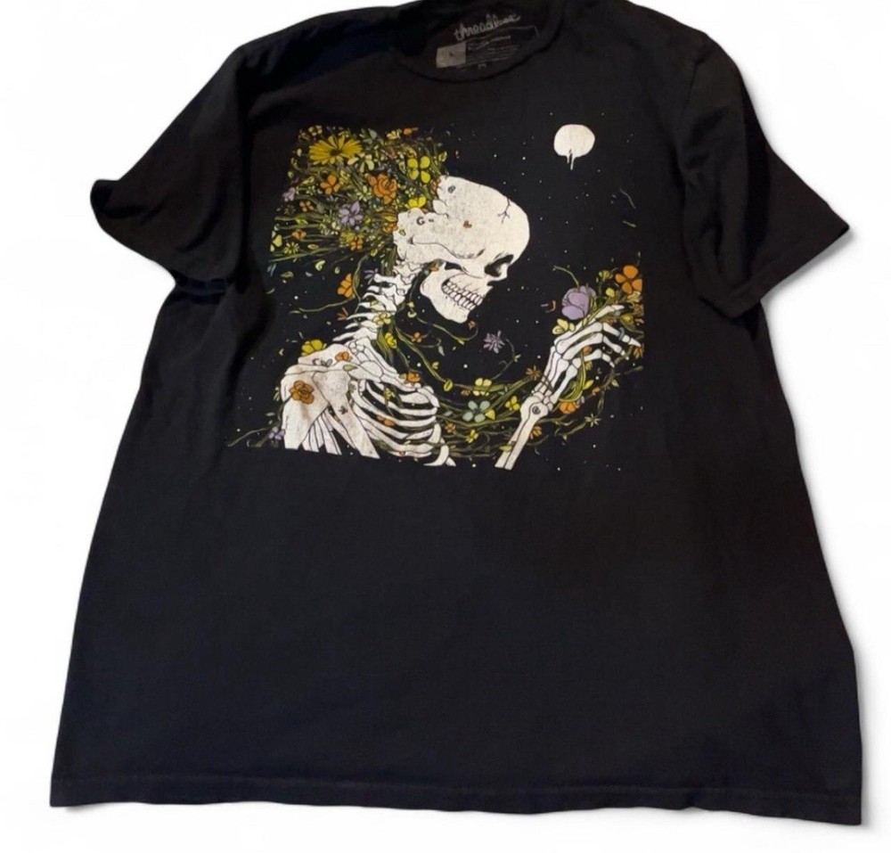 Threadless Skeleton Flowers Shirt Mens Large Black Graphic Art Tee Norman Duenas