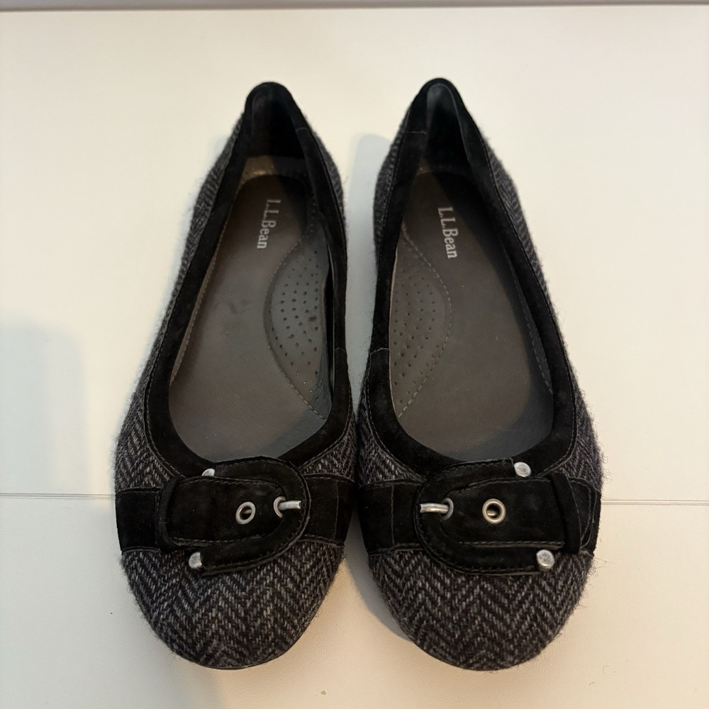 L.L. Bean Women’s Black Suede Herringbone Ballet Flats Comfort Buckle Size 7.5