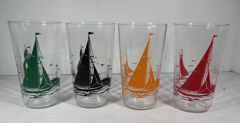 Vintage Set Of 4 Sail Boat Bar/Juice Set 8oz Glasses MCM Barware 4 Colors