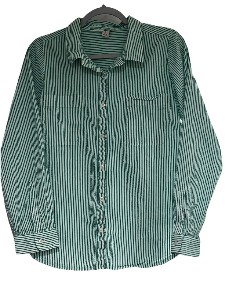 LL Bean Shirt Womens Large L Green Button Up Striped Cotton Coastal Seersucker