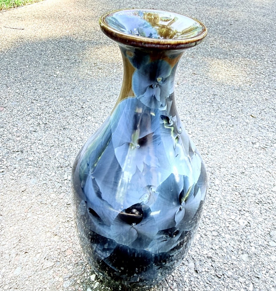 Signed Studio Pottery Vase Blue Crystalline Glaze Art Ceramic Bottle 9in