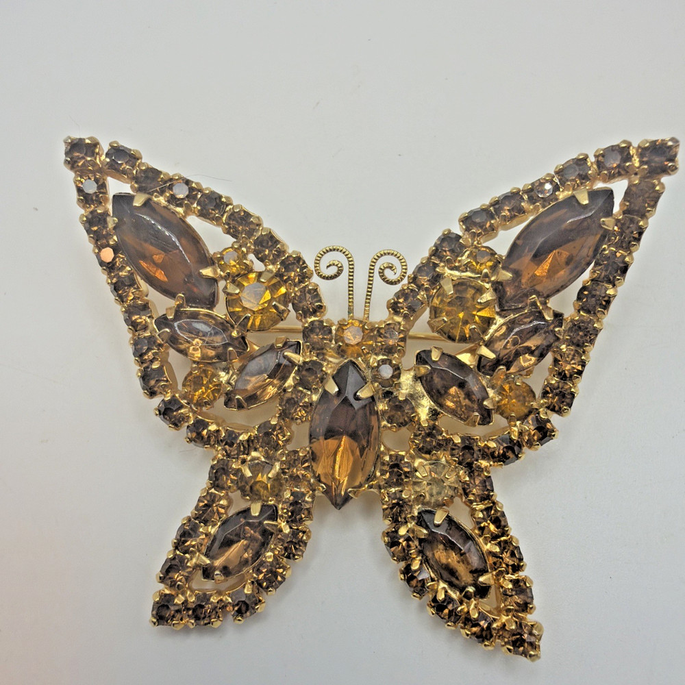 Vintage Weiss Rhinestone Butterfly Brooch Orange Amber Glass Gold Toned