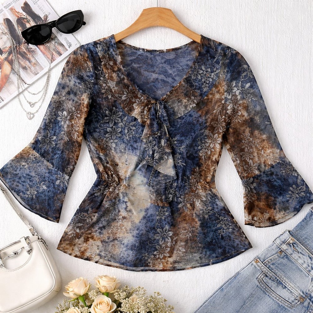 Y2K Sheer Floral Tie Front Blouse Brown Blue Mesh Bell Sleeve Top Boho Fairy