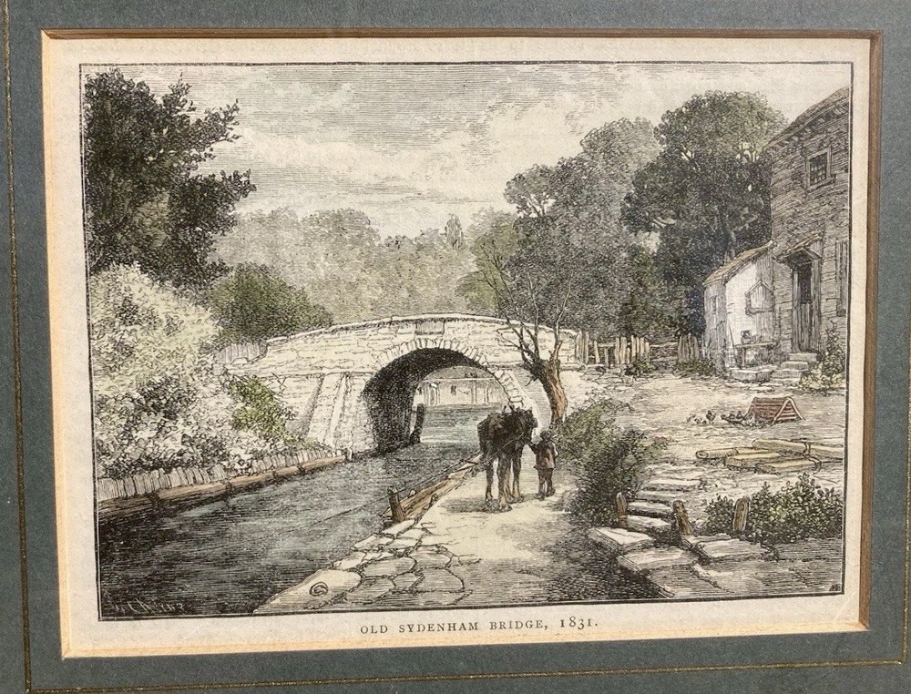 Antique Engraving “Old Sydenham Bridge, 1831” (Pub. 1888) Hand-Colored framed