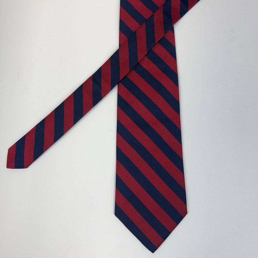 LANDS' END Tie 100% Silk REPP Necktie Navy Red Striped 3.50”X57” Made In USA