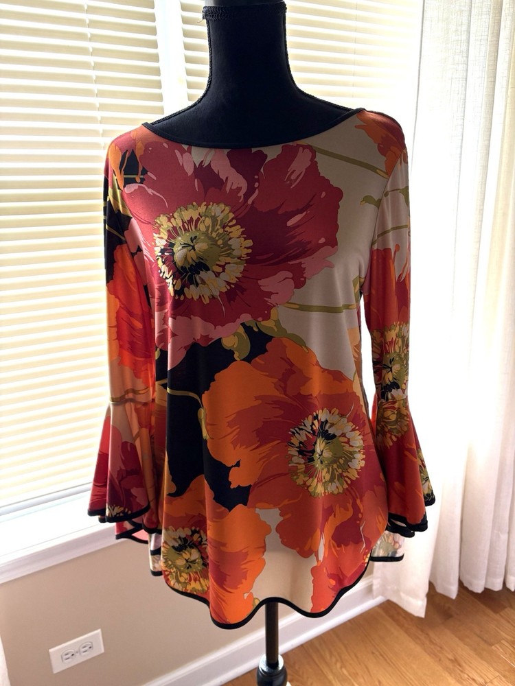 VTG Coco Bianco Bell Sleeve Floral Top Sz. L Retro 70's Chic Boho Made in USA