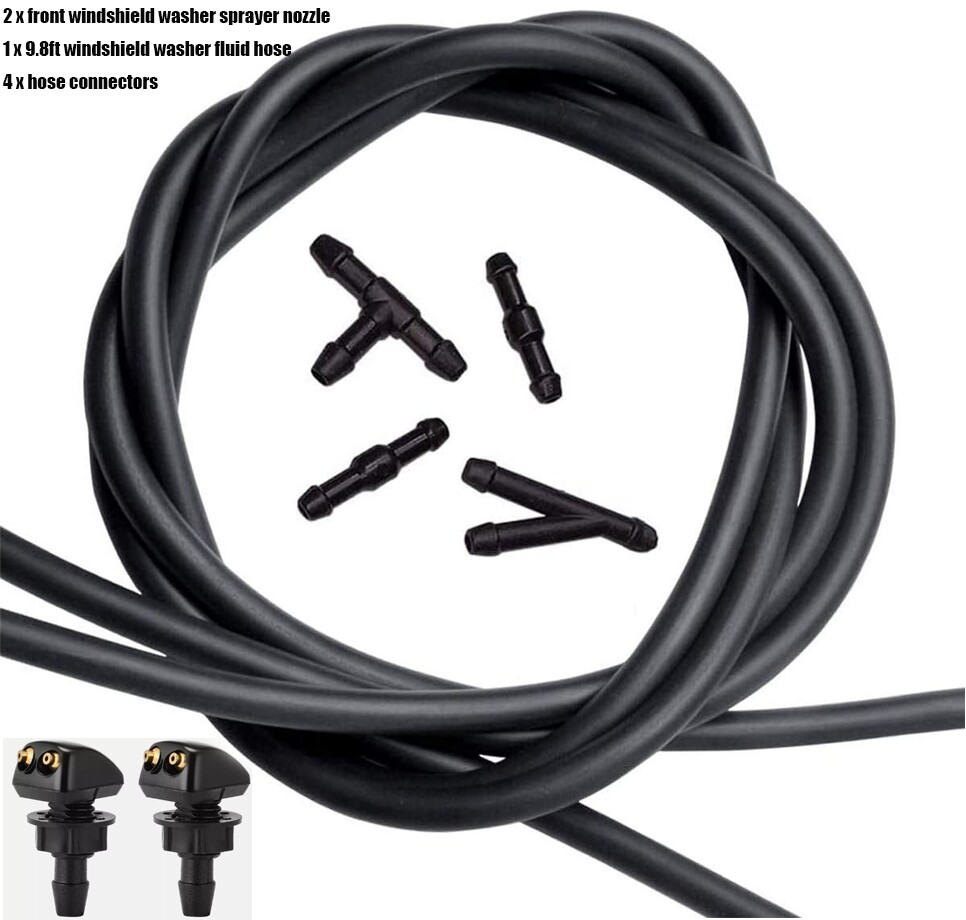 2Pcs Car Windshield Wiper Washer Water Spray Jet Nozzle + 9.8Ft Hose + Connector