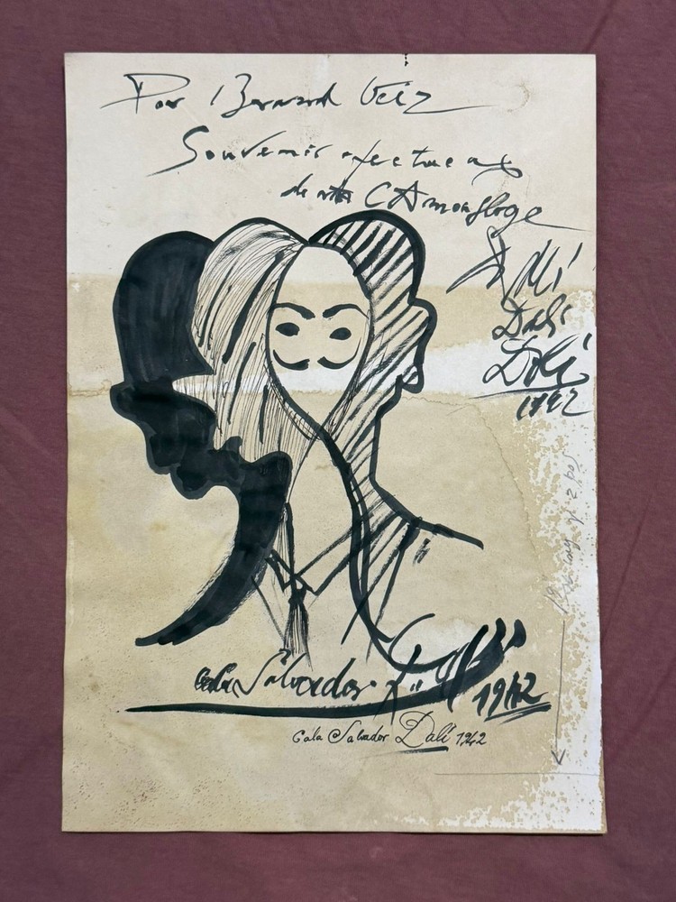 SALVADOR DALI  drawing and painting on old paper signed stamped vintage
