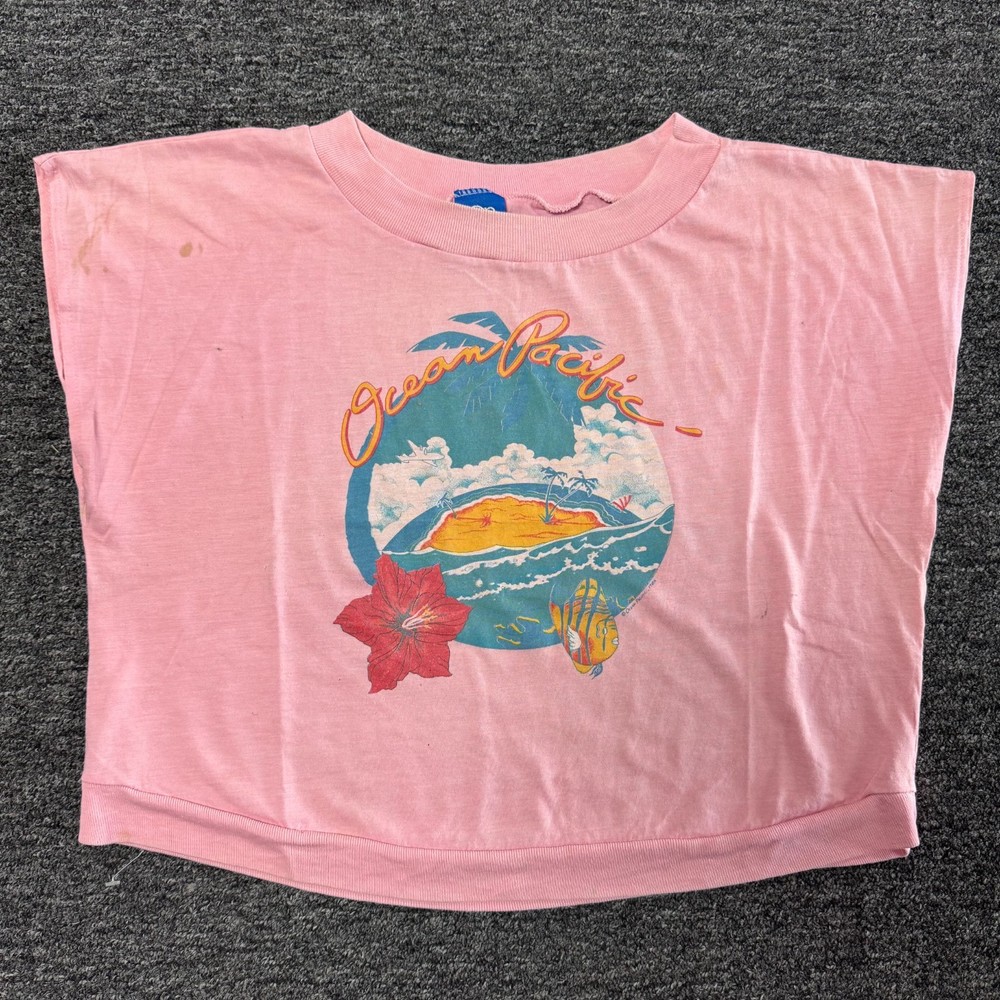 True Vintage 80s Ocean Pacific Surf Beach Crop Hem T-Shirt L Pink Single Stitch