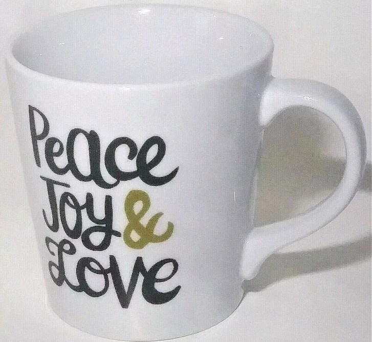 Peace Joy Love Coffee Mug Ceramic White Black Gold Tea Cup Large 16 fl oz