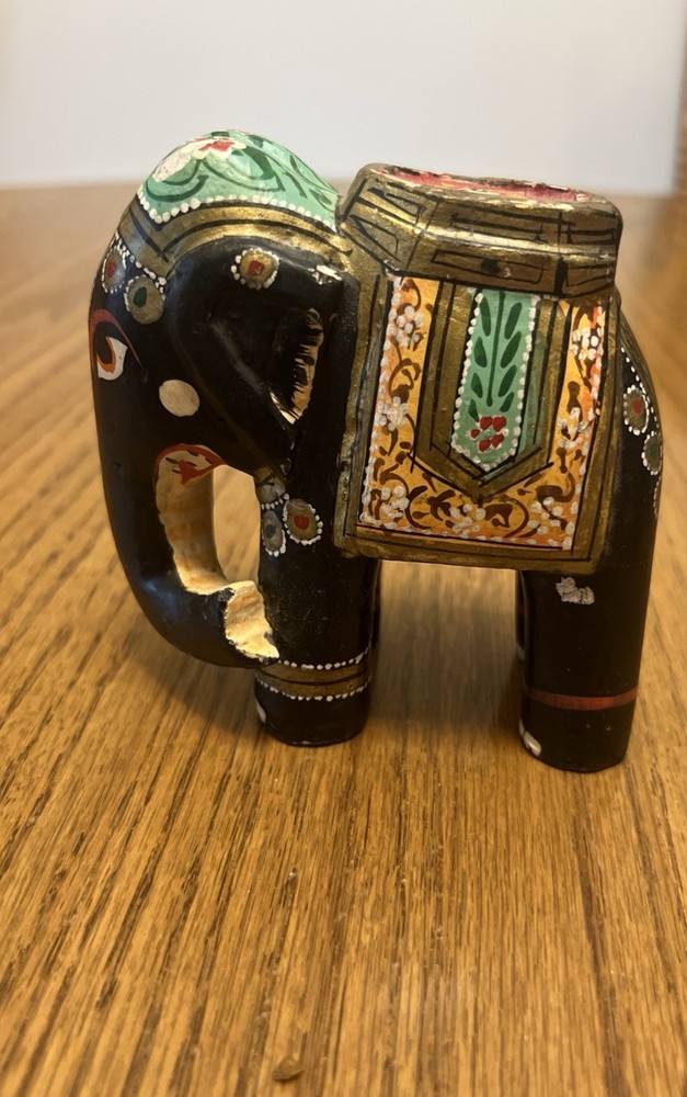 Elephant Hand Carved Painted Wooden Sculpture Statue
