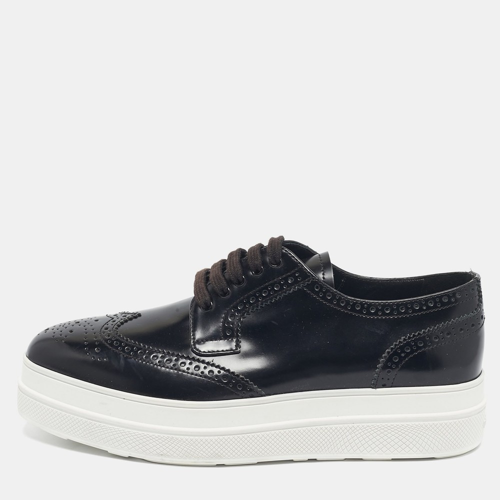 Prada Black Leather Platform Derby Sneakers Brogue Size 38.5