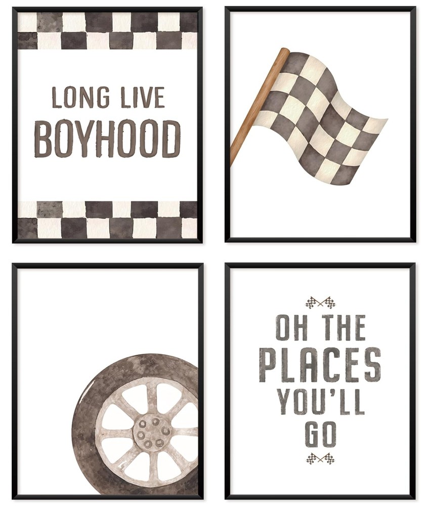 Boys Race Car Room Wall Decor, Toddler Nursery Boy Race Cars Art Themed Check...