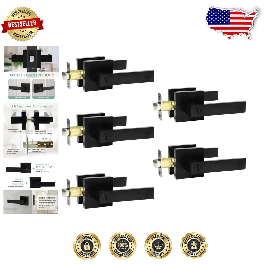 Durable Matte Black Privacy Door Handles - Keyless & Reversible Design, 5 Pack