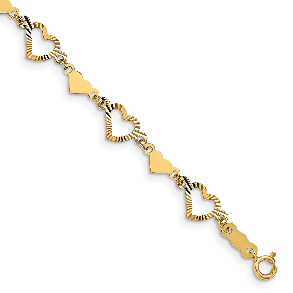 14k Yellow Gold Polished Diamond-cut Open & Stamp Heart Bracelet 7.5