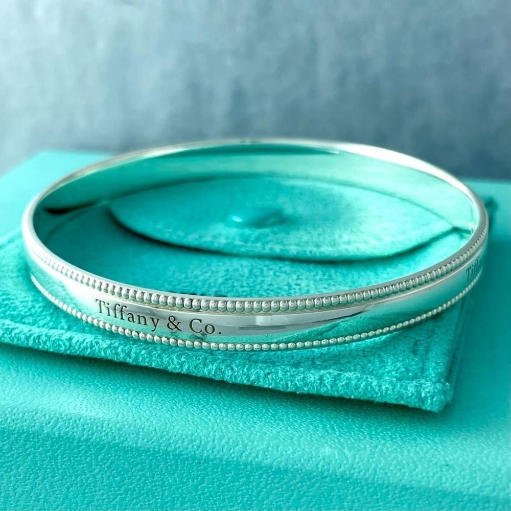 Tiffany Millgrain Logo 925 Silver Bangle Bracelet