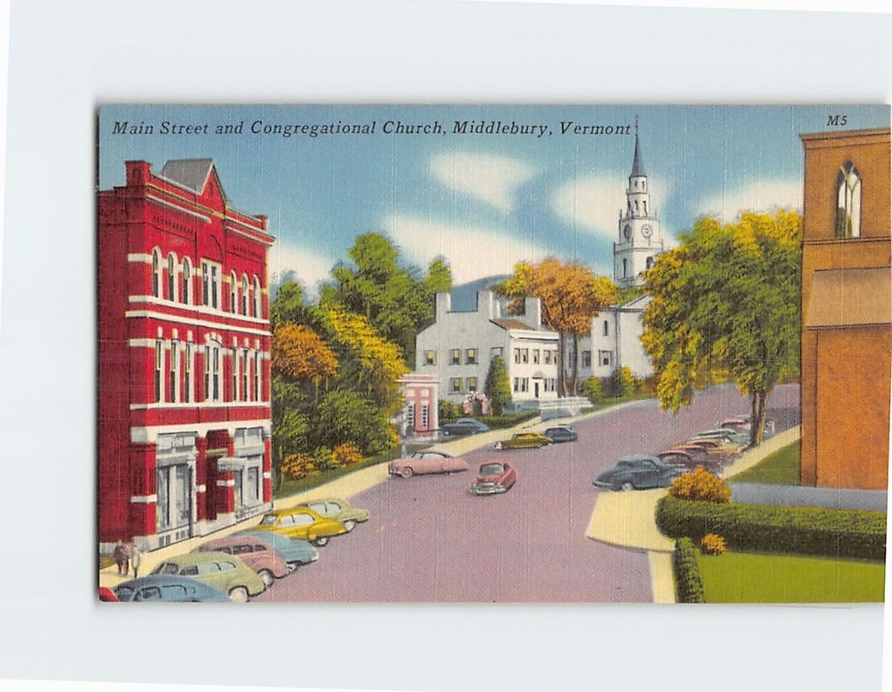 Postcard Main Street & Congregational Church Middlebury Vermont USA