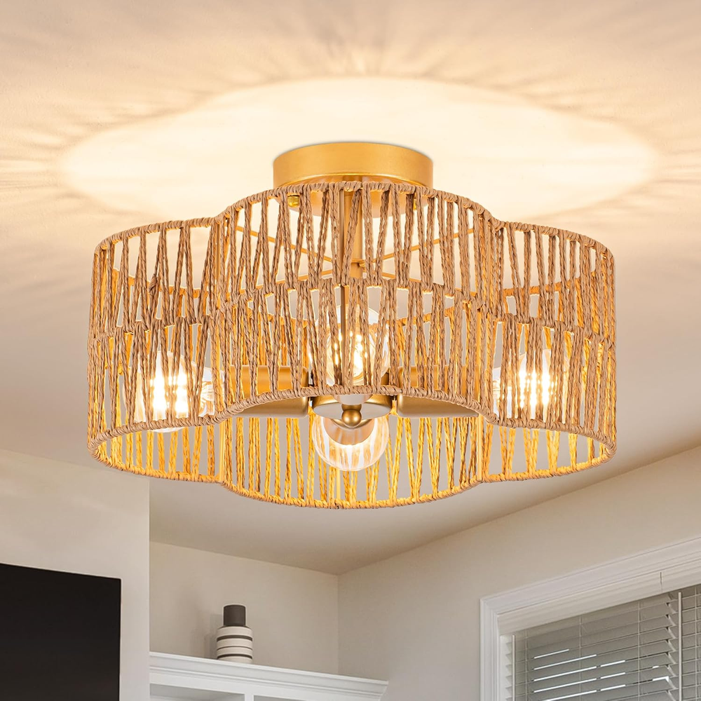 4-Light Rattan Semi Flush Mount Ceiling Light, 15