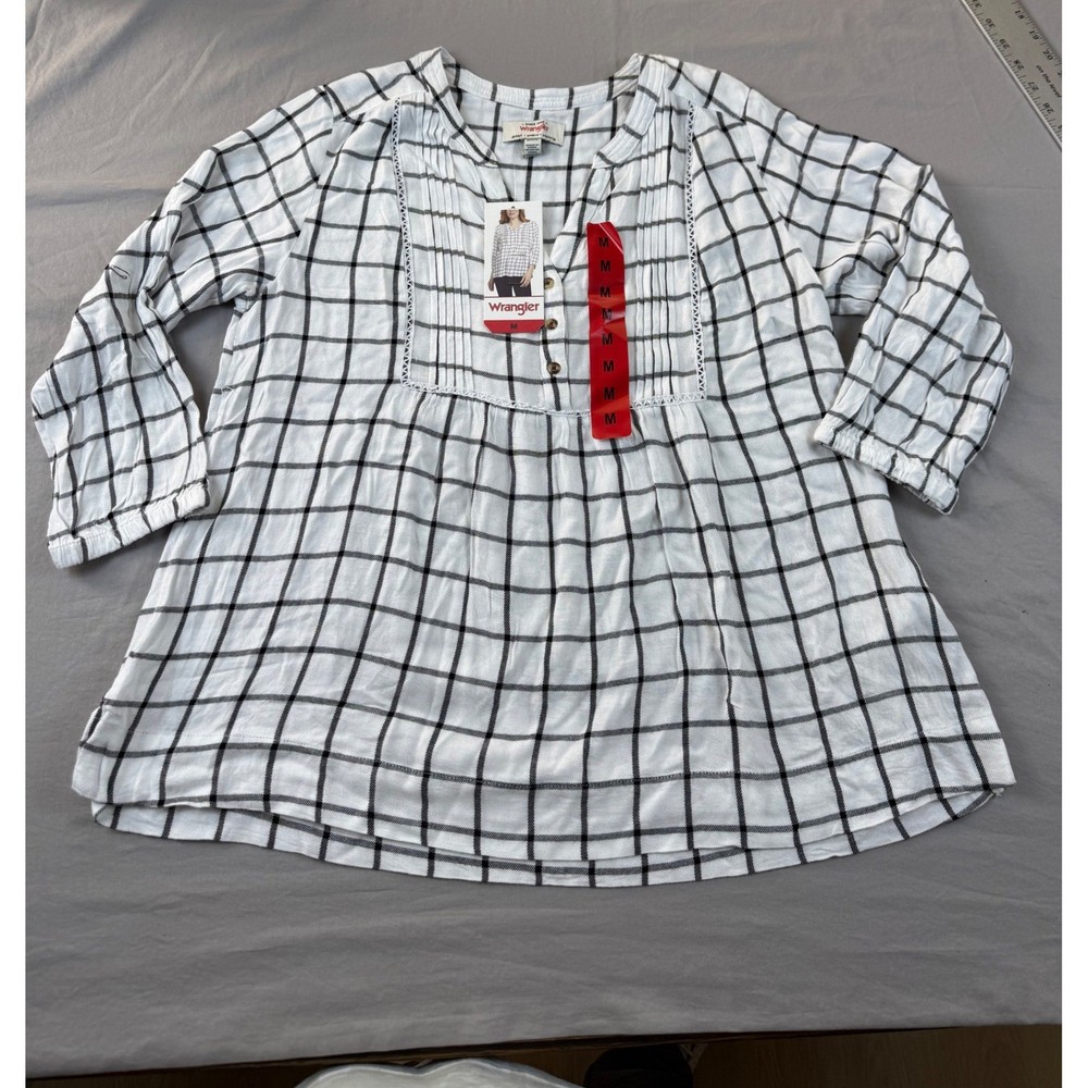 Wrangler Womens Plaid Blouse White Black Button Neck 3/4 Sleeve Top M 1815407