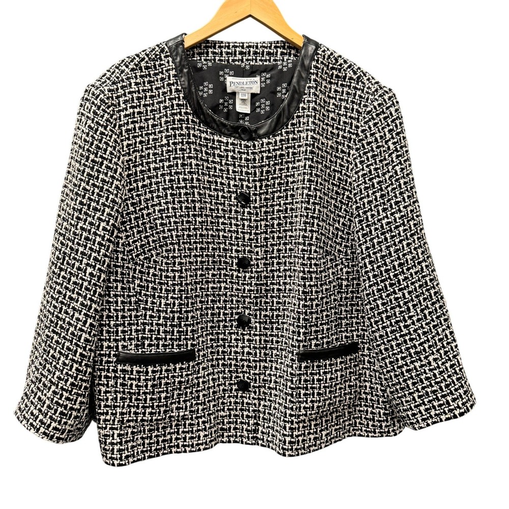 Pendleton Blazer Womens 22W Silk Tweed Leather Trim Black White Lined Jacket