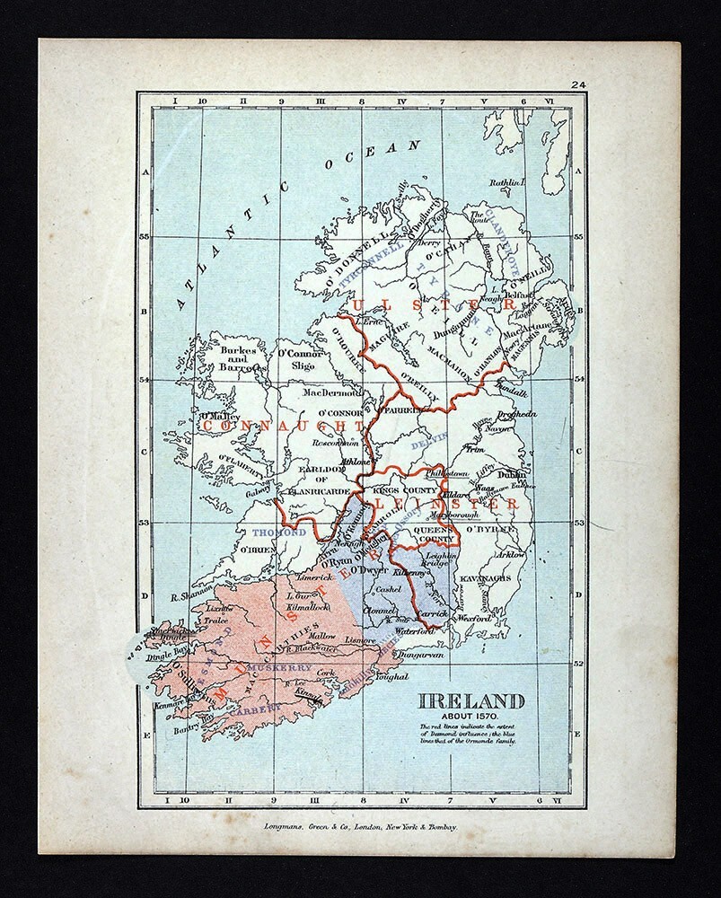 1892 Antique Map Ireland Desmond Ormande Family in 1570 Dublin Munster Leinster