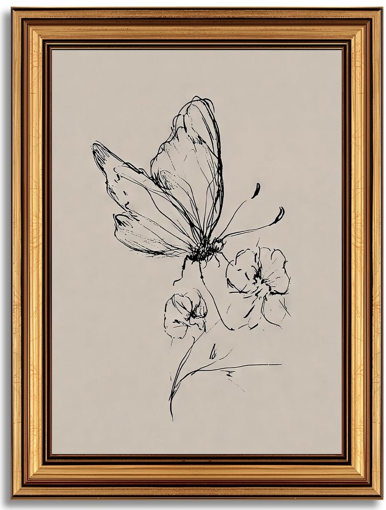 Gold Framed Canvas Wall Art Vintage Butterfly Flower Line Painting Picture Bo...