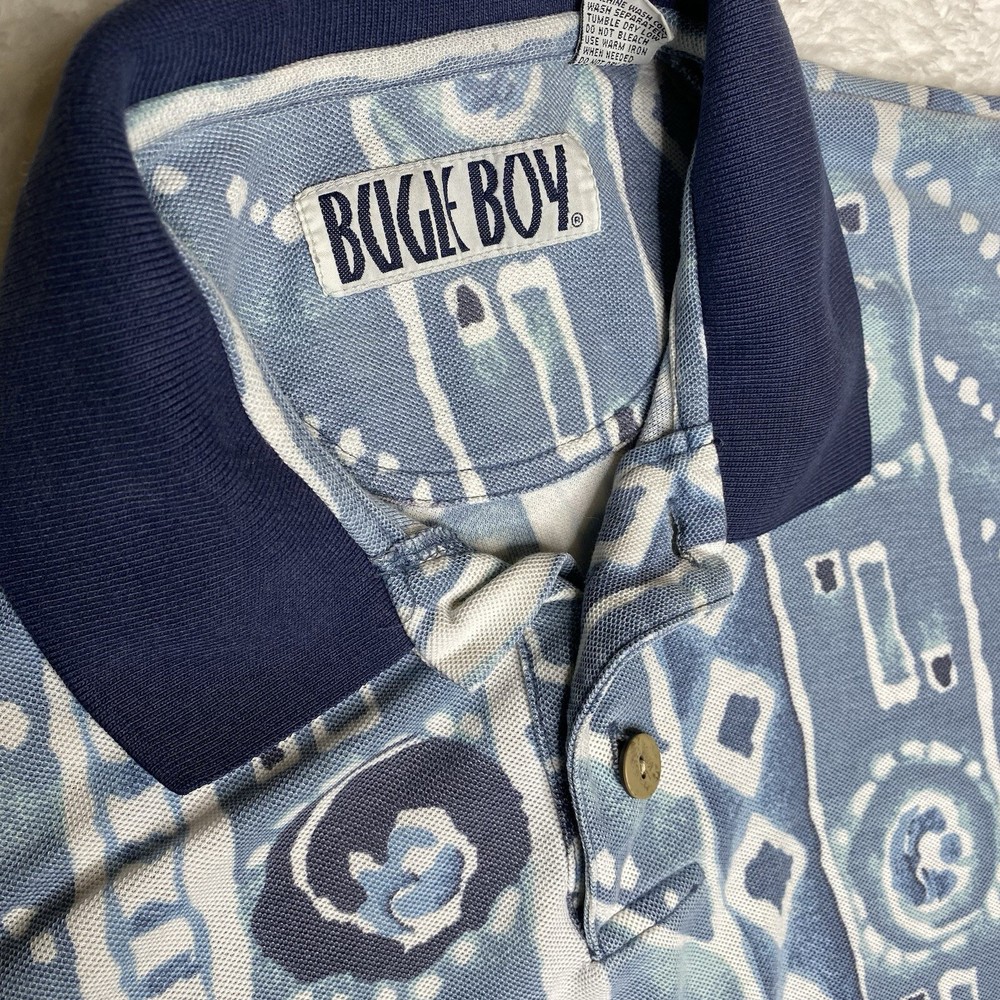 Vintage Bugle Boy Shirt L blue shapes Polo 1990s Y2K Retro Short Sleeve Mens