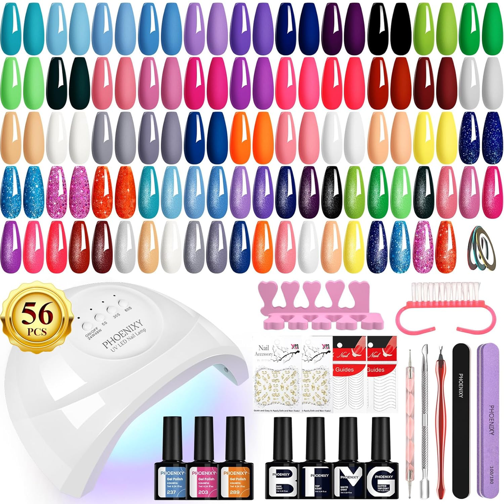 48W UV Gel Nail Polish Kit with 56 Pcs 108 Effects Base Glitter Top Coat