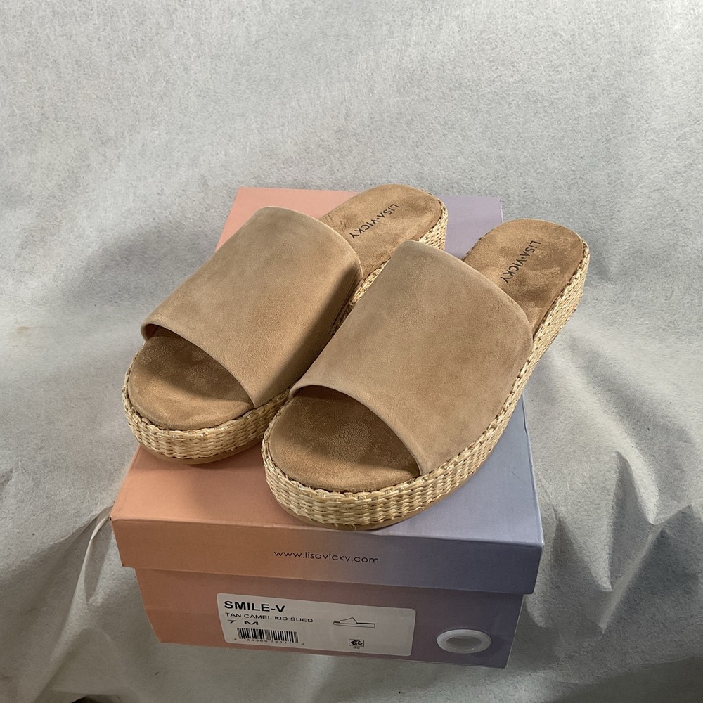Lisa Vicky SMILE-V Tan Camel Kid Suede Espadrille Slides – Size 7M