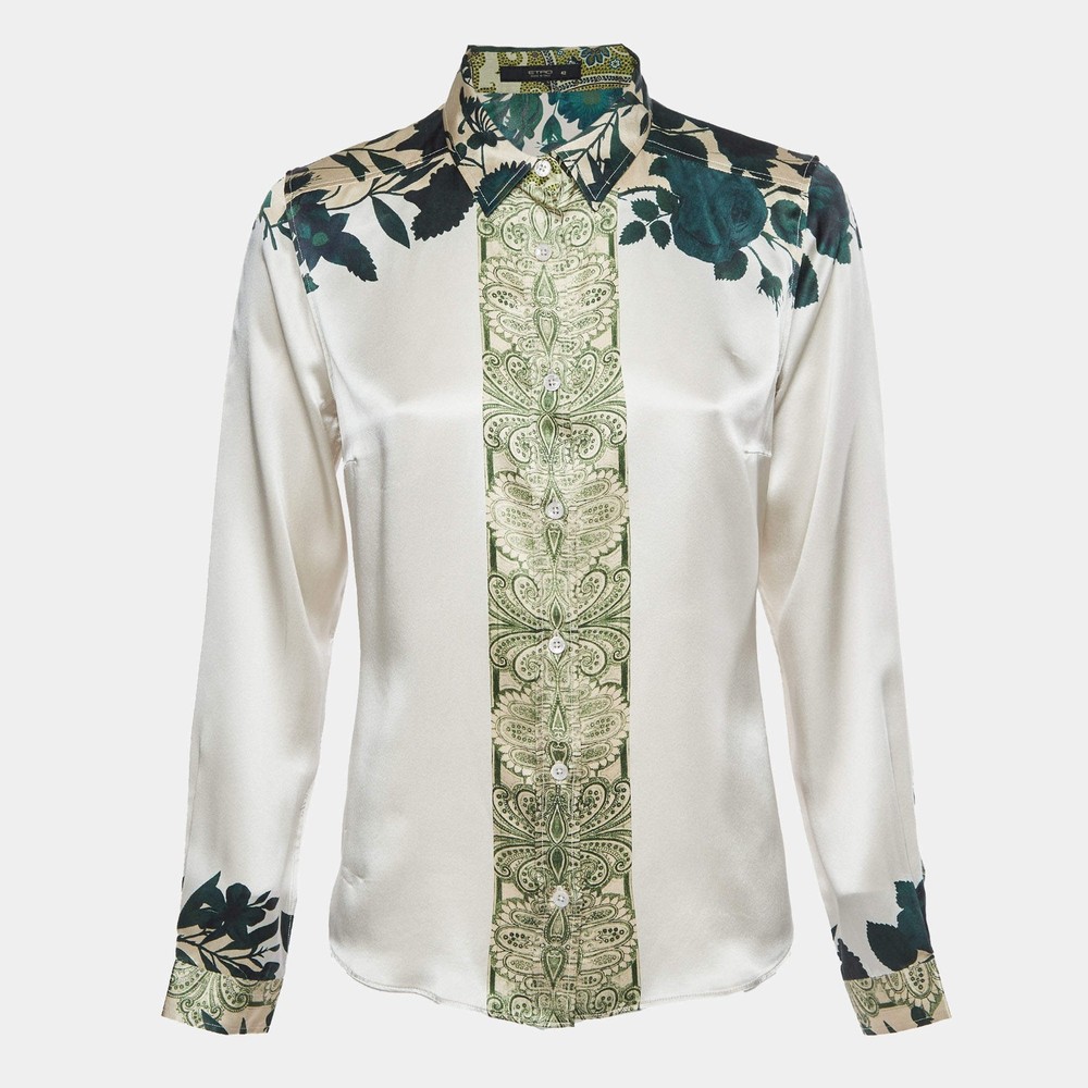 Etro GreyGreen Floral Print Silk Long Sleeve Shirt M