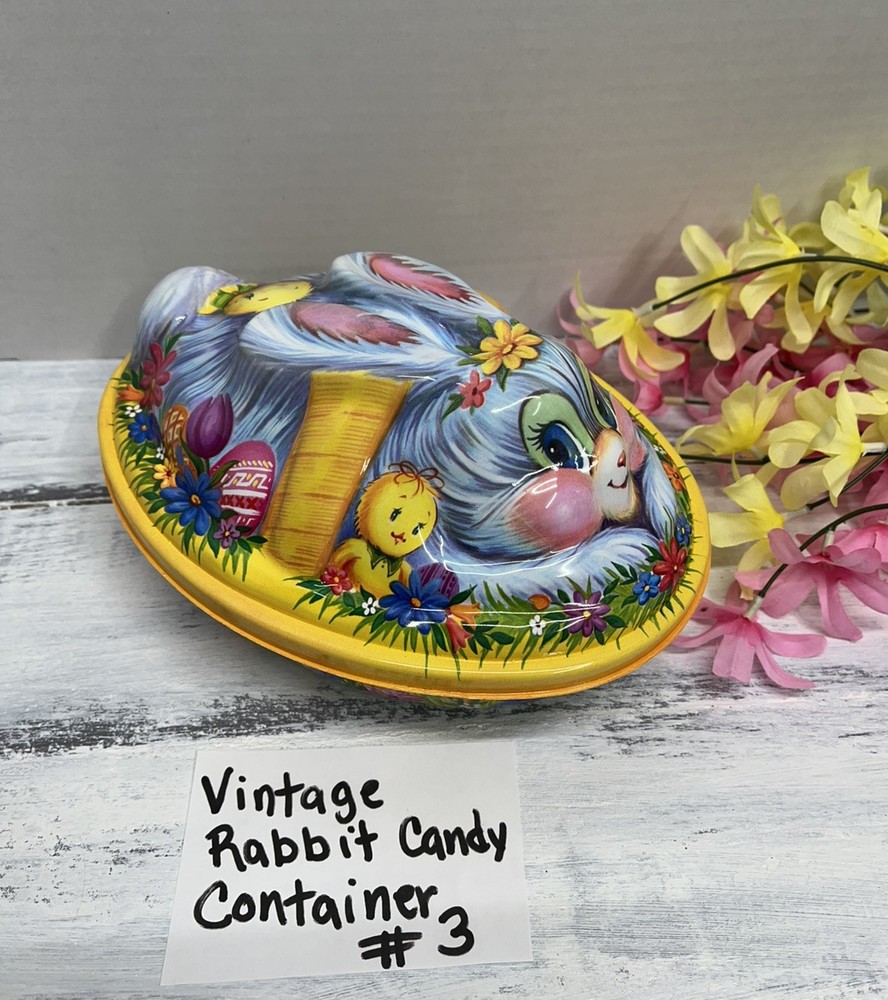 Vintage Easter Bunny 3-D Plastic Molded Candy Container Rabbit Chicks Basket NOS