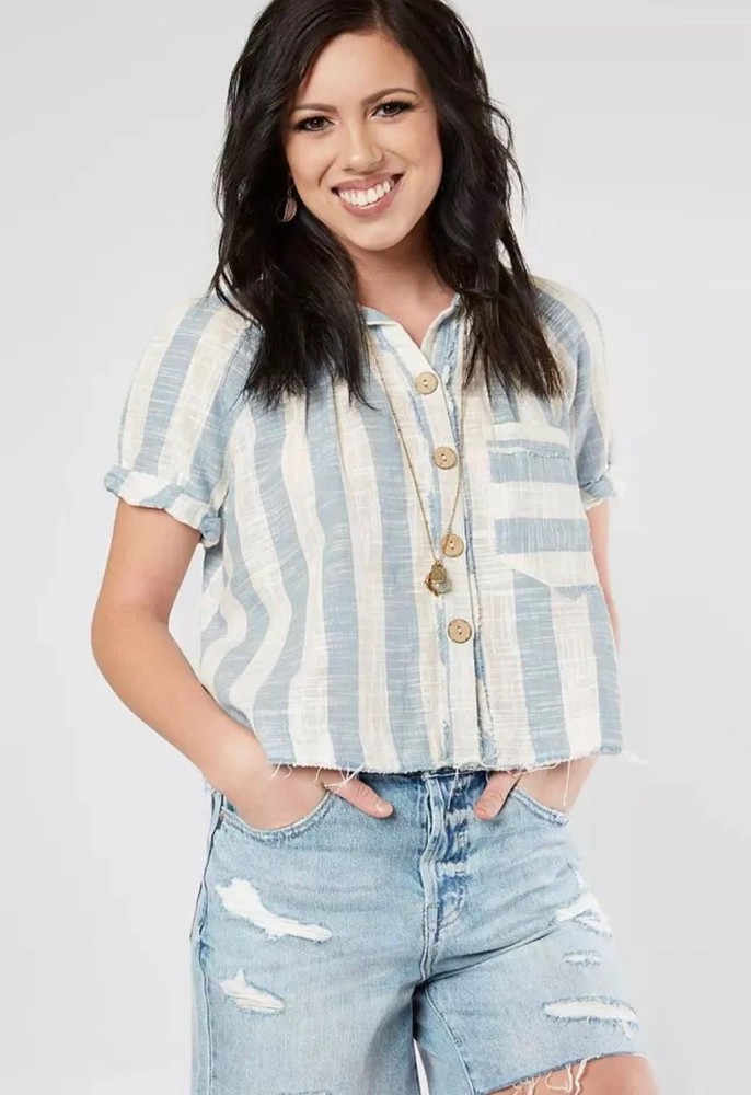 Free People We The Free Away at Sea Linen Blend Striped Top small blue coastal