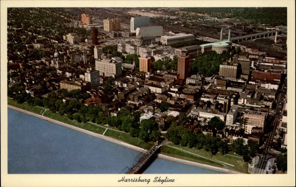 Harrisburg Pennsylvania skyline aerial view bridge ~ 1950s-60s vintage postcard