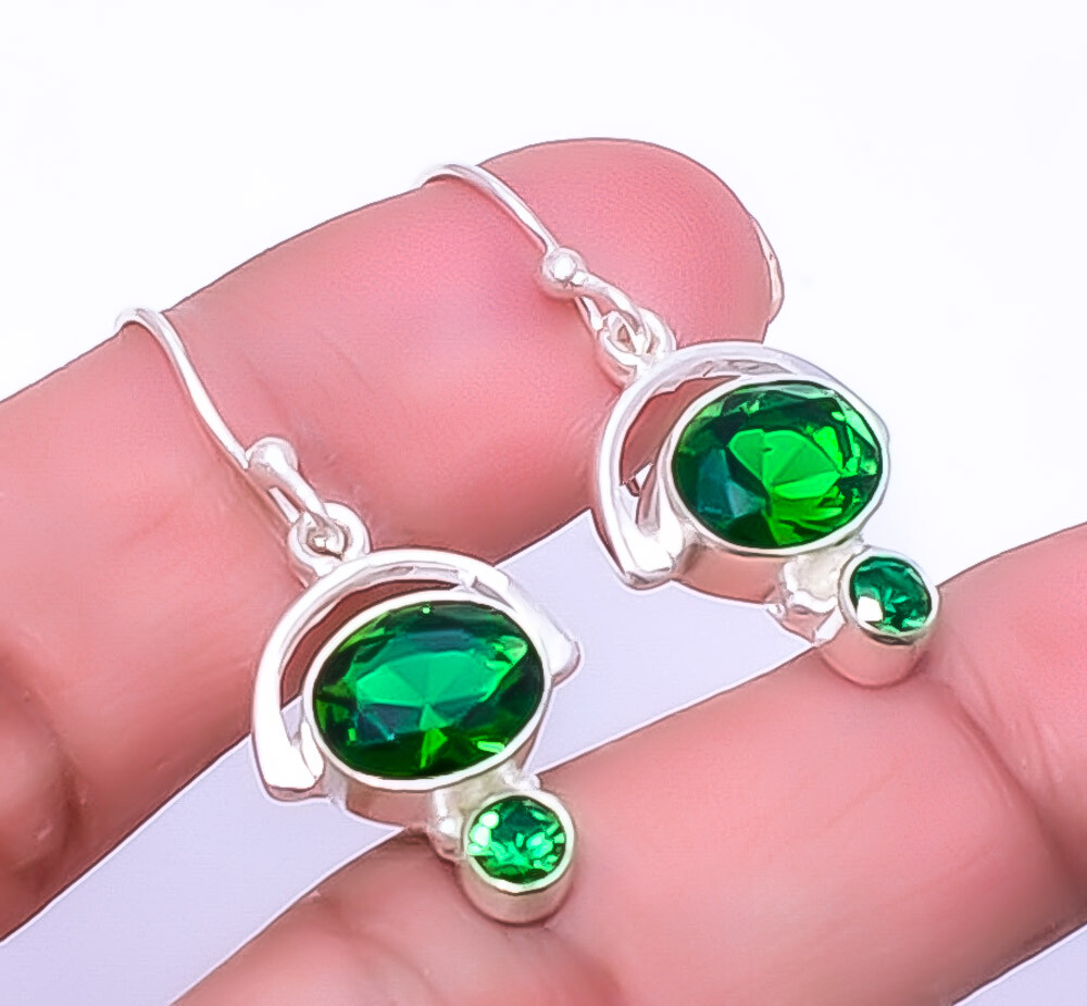Simulated Emerald 925 Sterling Silver Handmade Earrings 1.25 Inch E13