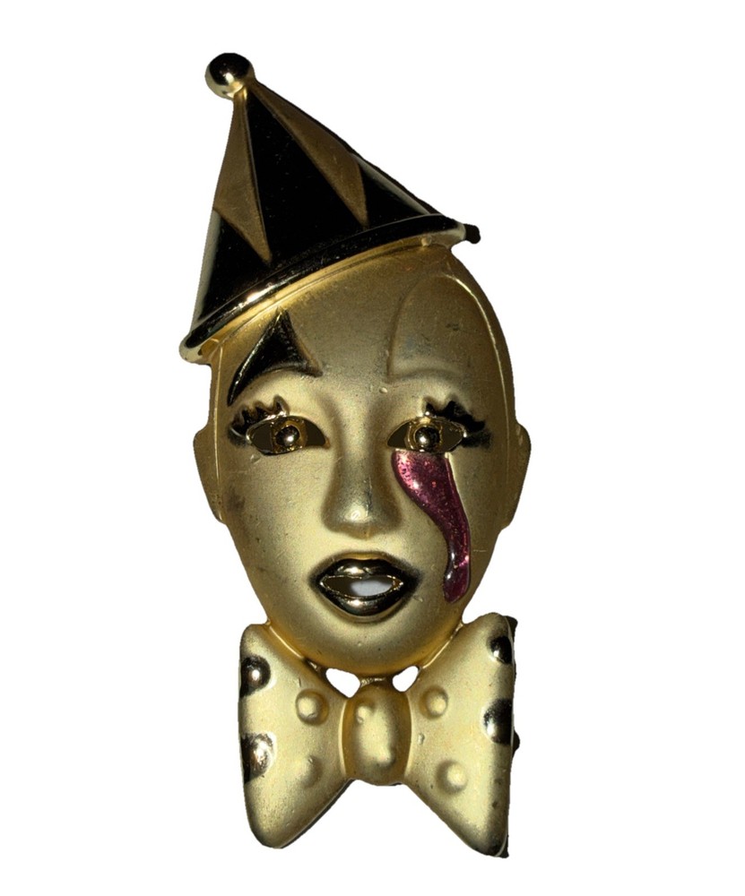 Gold tone metal Sad Crying Clown Face Theatre Circus Mask pin brooch Comedy